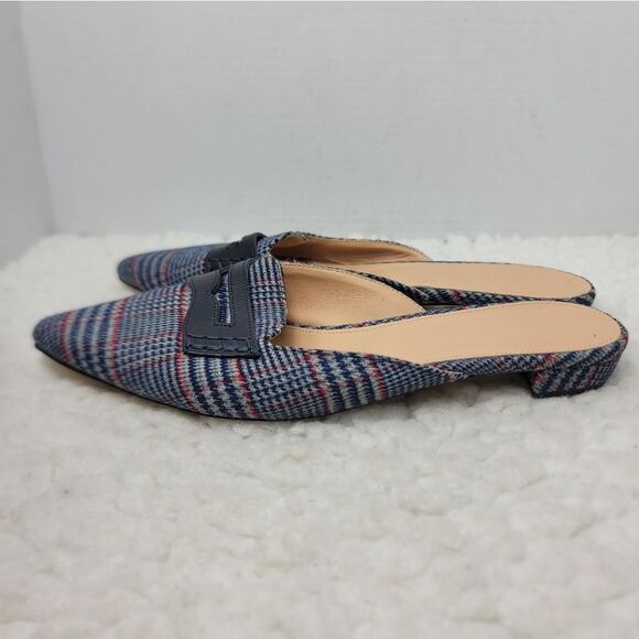 J. Crew Tweed Womens Slip On Mule Size 9 Loafer Plaid Navy Blue Point Toe Shoes - Picture 3 of 10